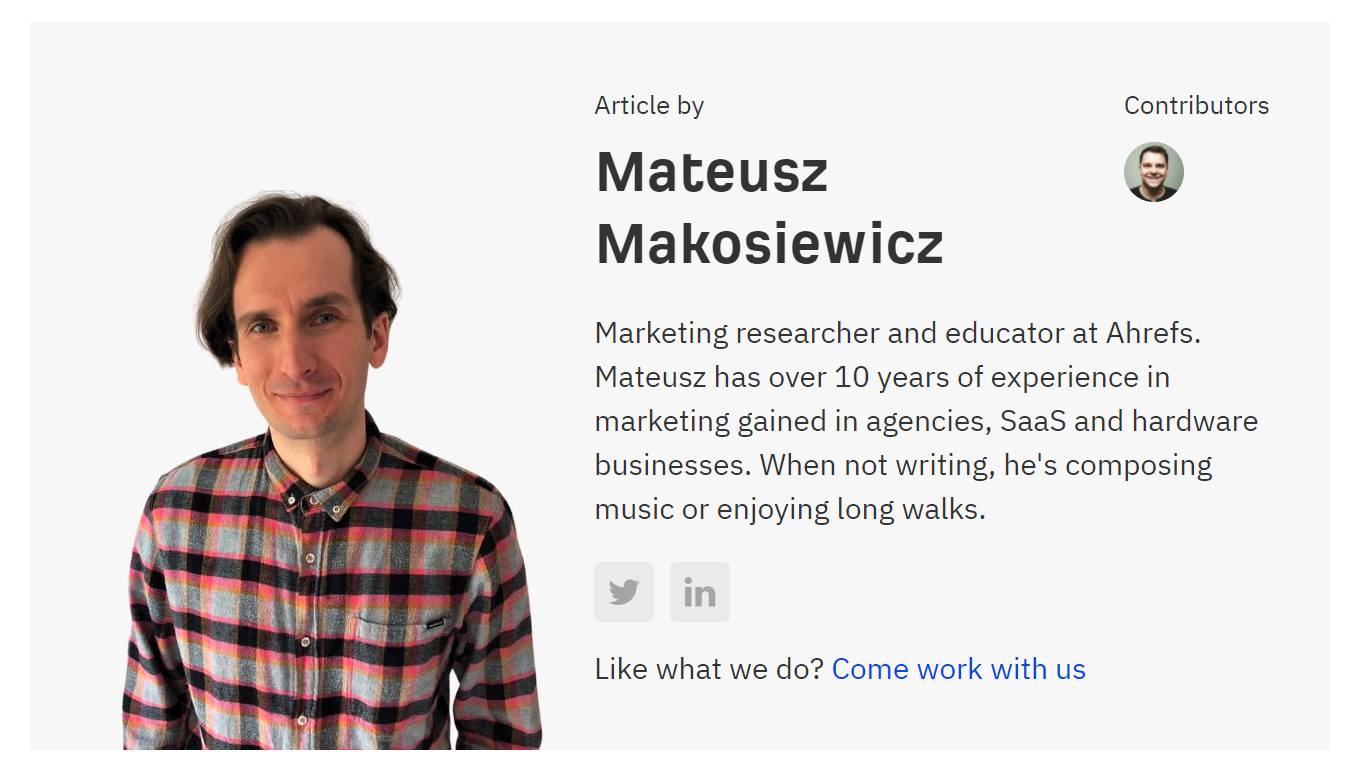 Ahrefs author attribution with writer bio and credentials