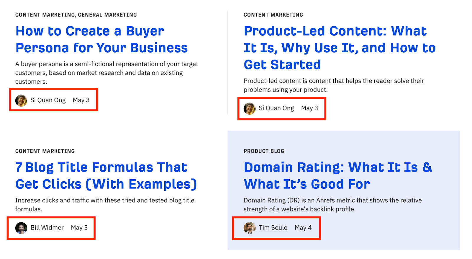 Ahrefs blog bylines from a mix of staff and freelance writers
