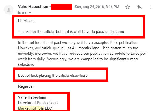 Email response declining a guest article submission