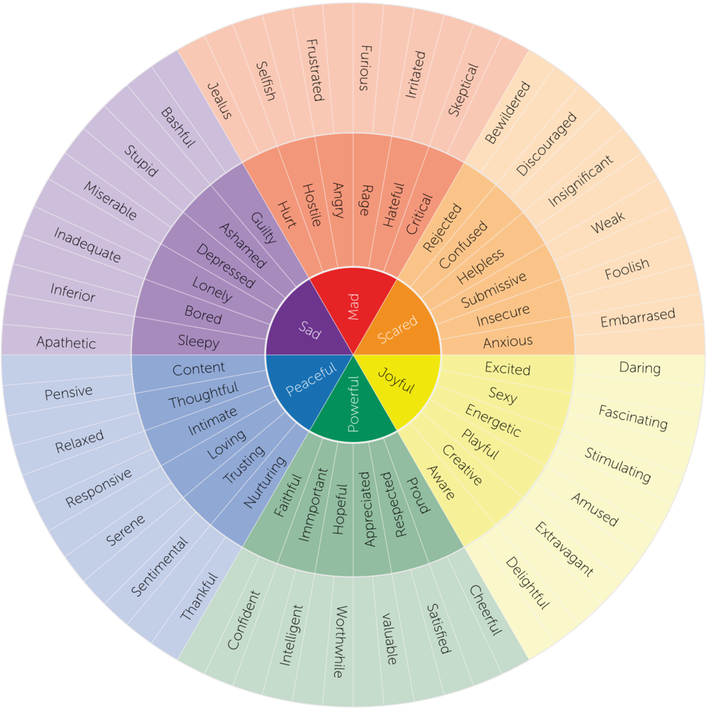 Feeling wheel showing emotion and tone words arranged in a circle