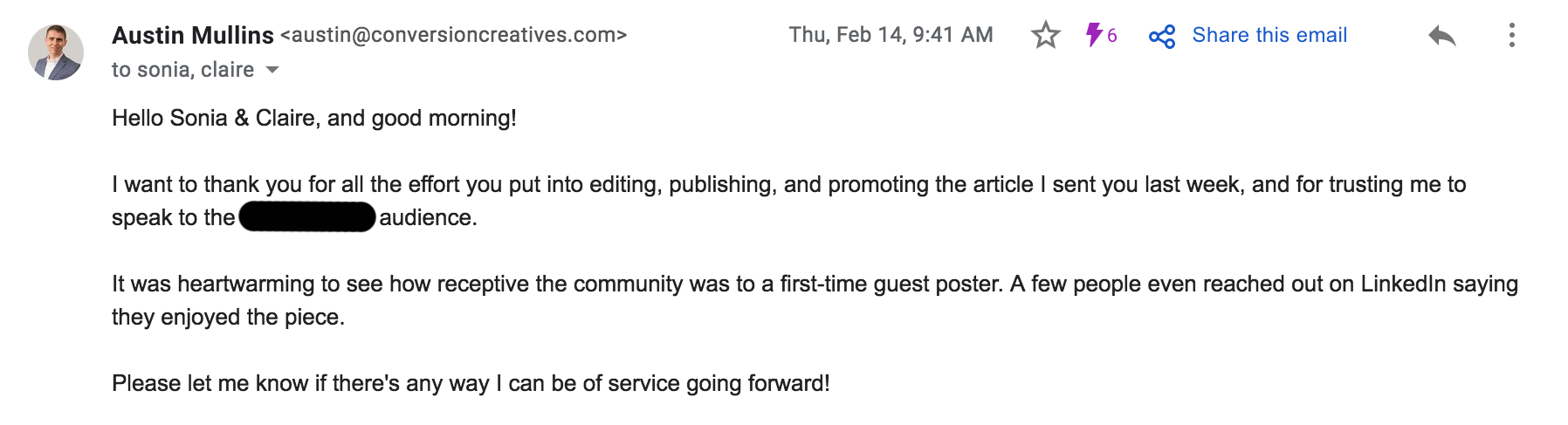Thank-you email exchange with a Copyblogger editor