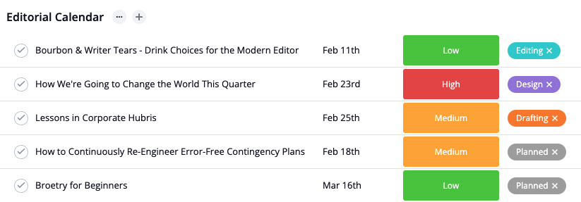 Example editorial content tracking spreadsheet with color-coded status columns