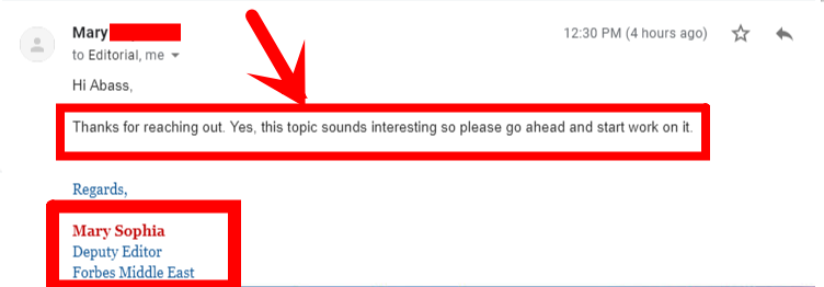 Positive email response from a Forbes editor