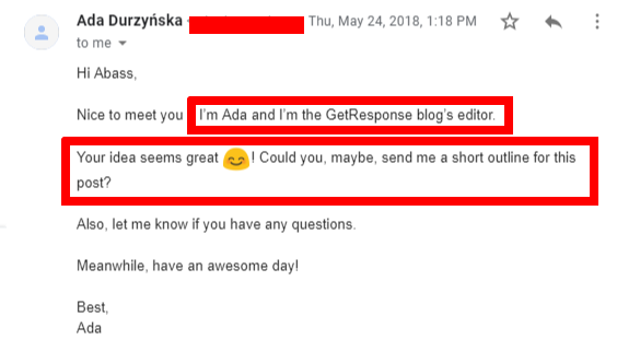 Positive email response from a GetResponse editor