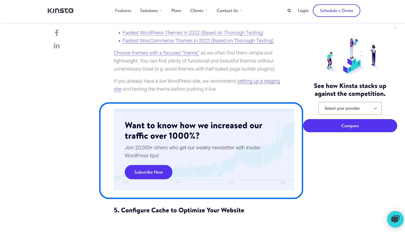 A Kinsta scrolling CTA with a dropdown that compares the reader's hosting provider against Kinsta
