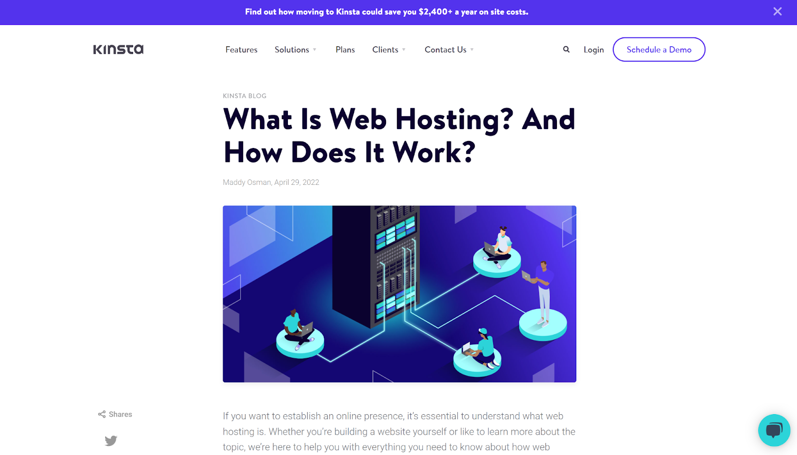 The Kinsta blog post layout with a bold heading and an isometric illustration contained to the content width