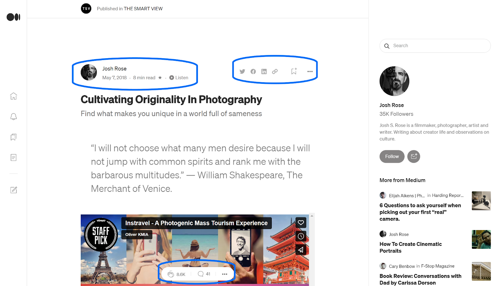 The Medium blog post layout with minimalist typography and a right sidebar