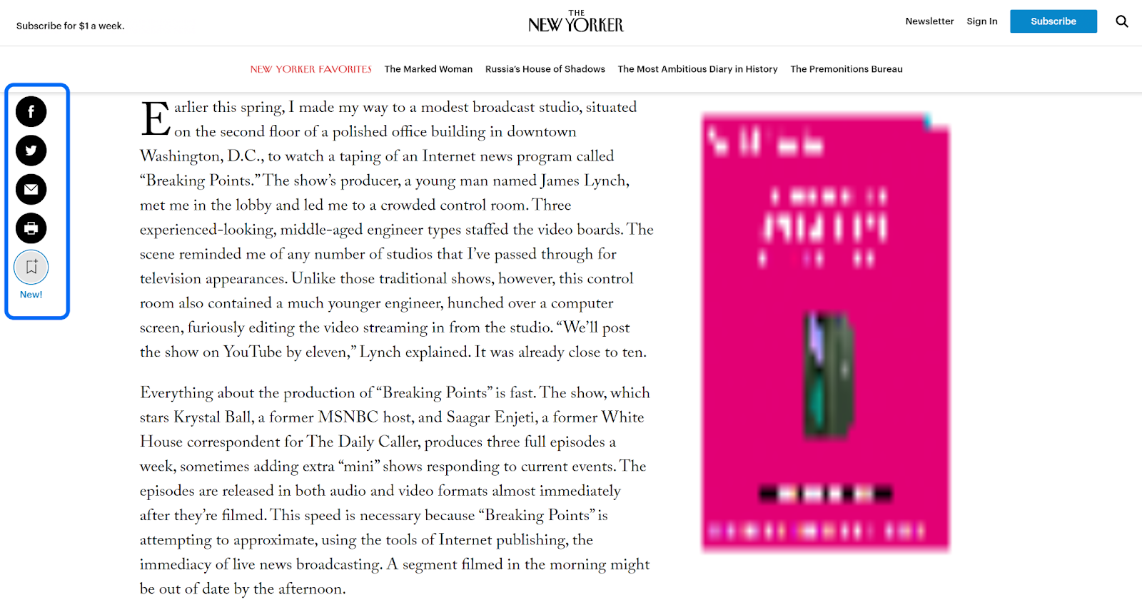 A New Yorker article body showing a serif typeface, narrow text column, and a dropcap