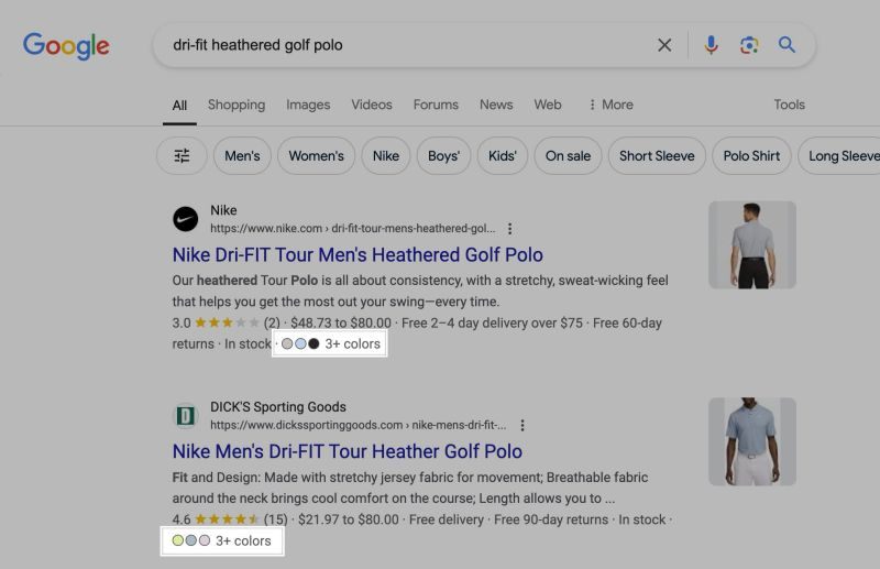 Google SERP showing product variants with filters for size, color, and style