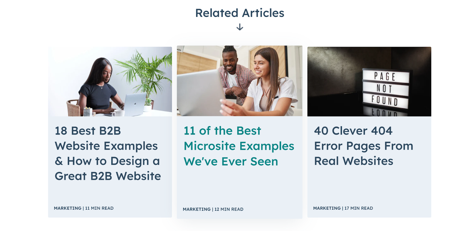 A related posts section displayed as cards at the bottom of a blog post