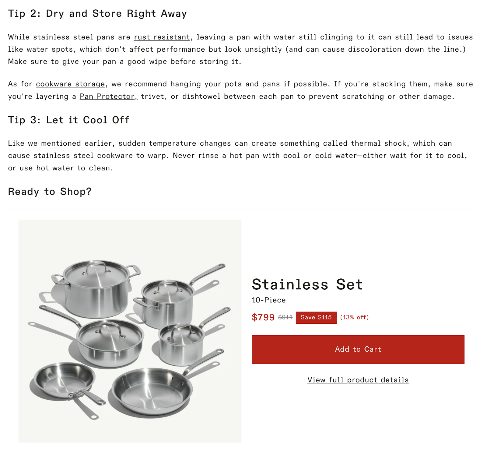 Shoppable product boxes embedded in blog content