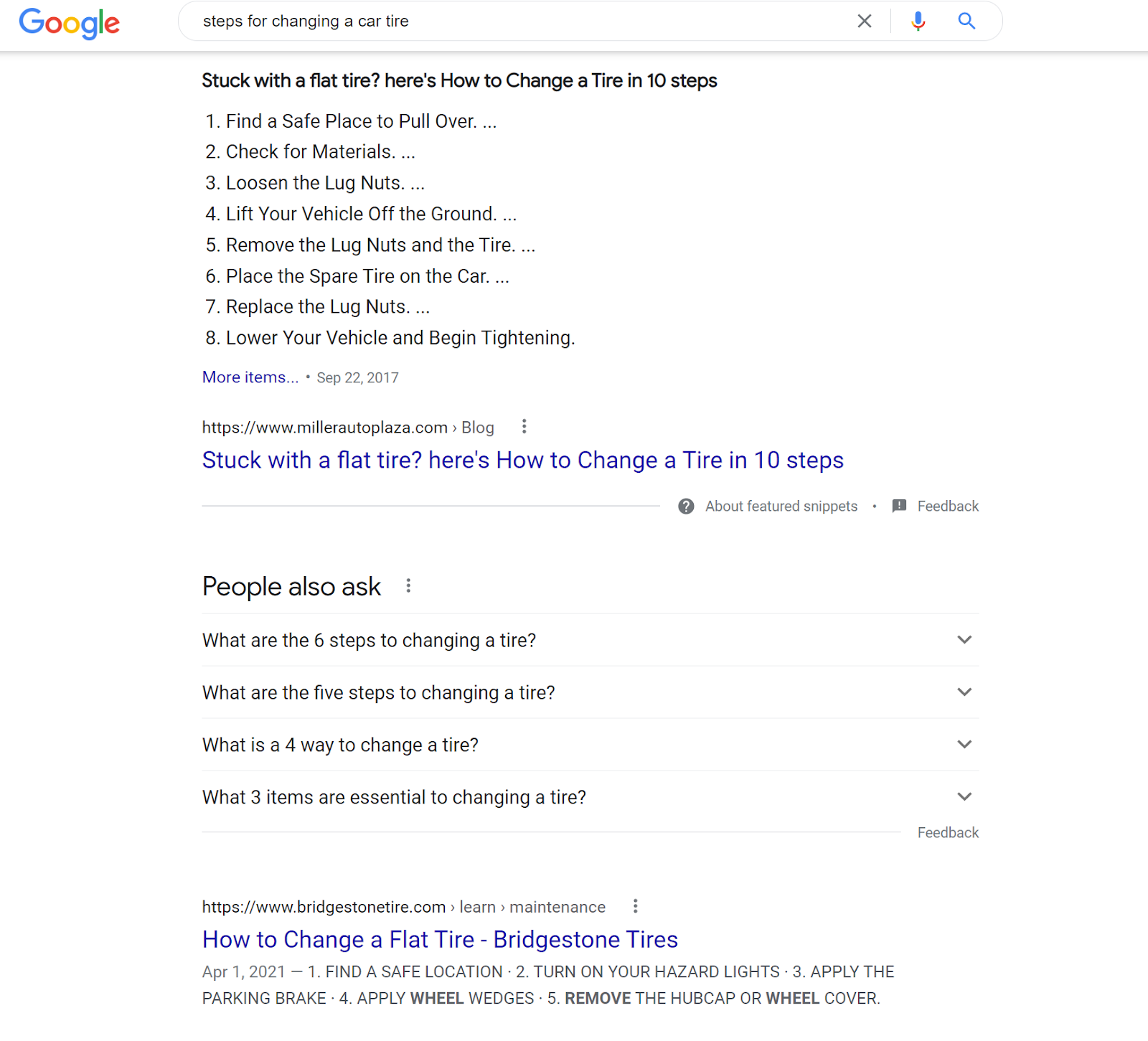 A linked table of contents appearing as a featured snippet in Google search results