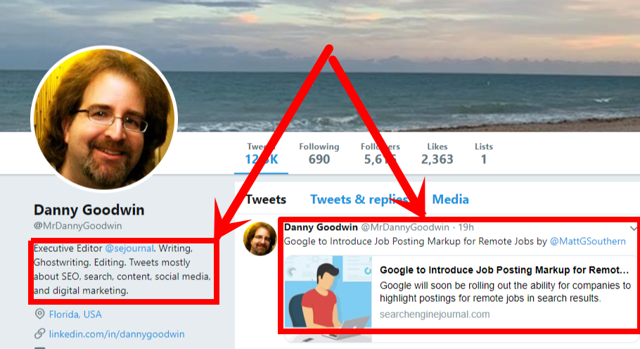 Danny Goodwin's Twitter profile showing his focus on writing and content marketing