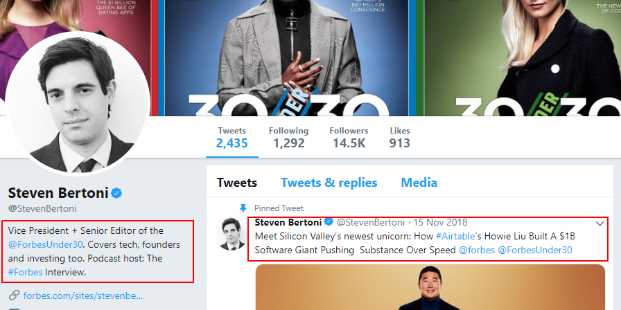 Editor's Twitter profile used for pitch research