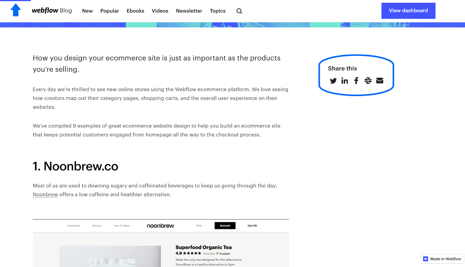 The Webflow blog body with left-aligned text, social sharing icons, and a related posts panel