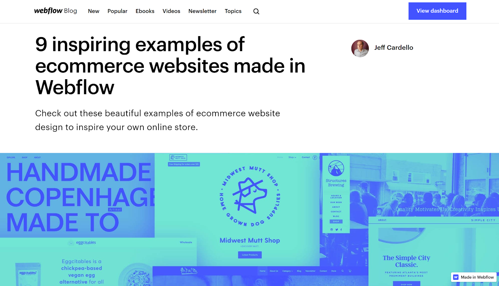 The Webflow blog post layout with a bold heading, description, and author above a large hero image