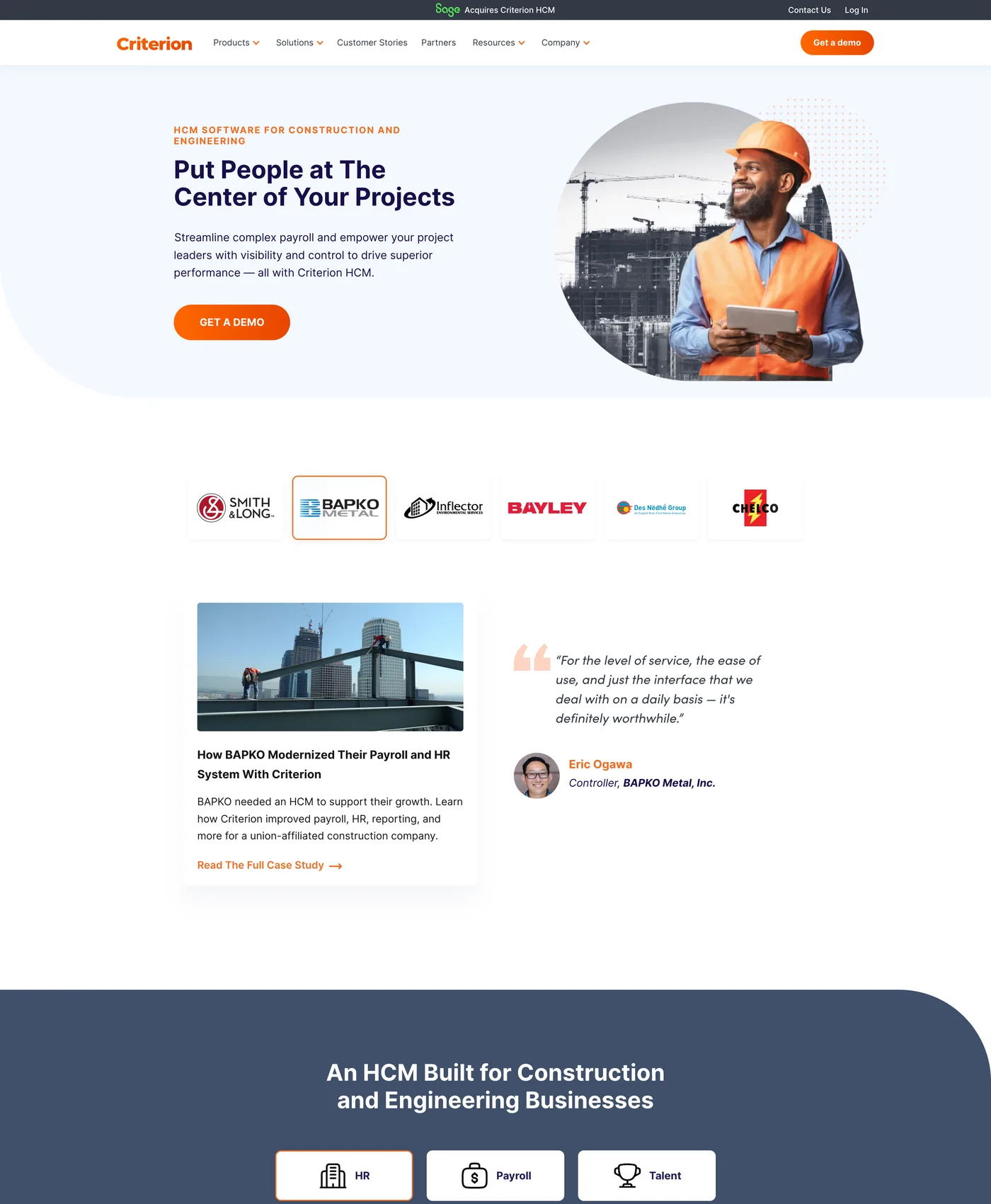 Criterion construction industry landing page.
