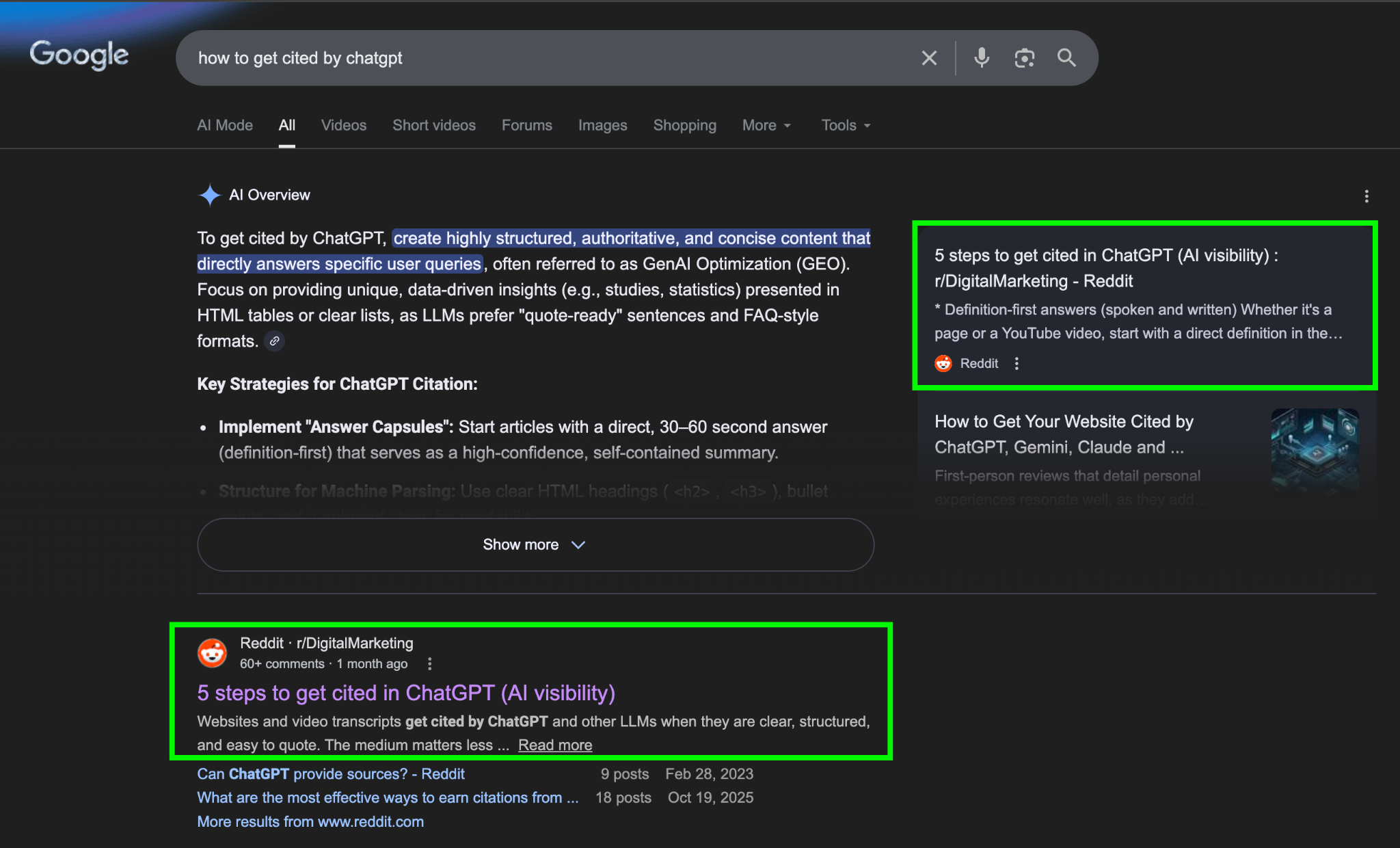 A Reddit thread we created ranking on Google, and cited in the AI Overview, for the query how to get cited by chatgpt